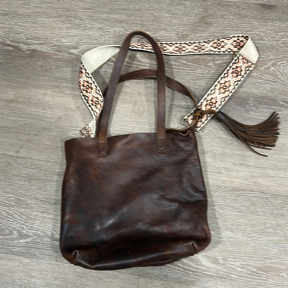 Brown Leather Tote Bag with Patterned Strap